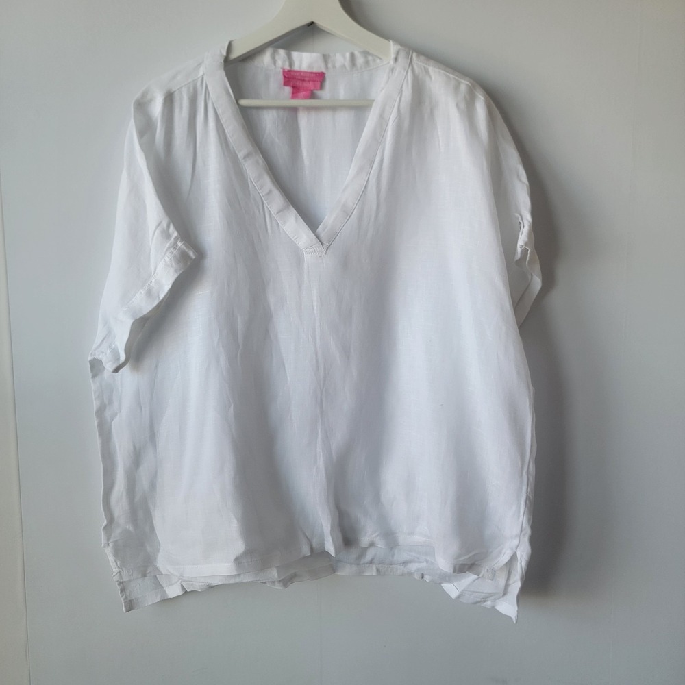 Isaac mizrahi women's 100% linen boxy top size L v-neck beachy coastal Resort